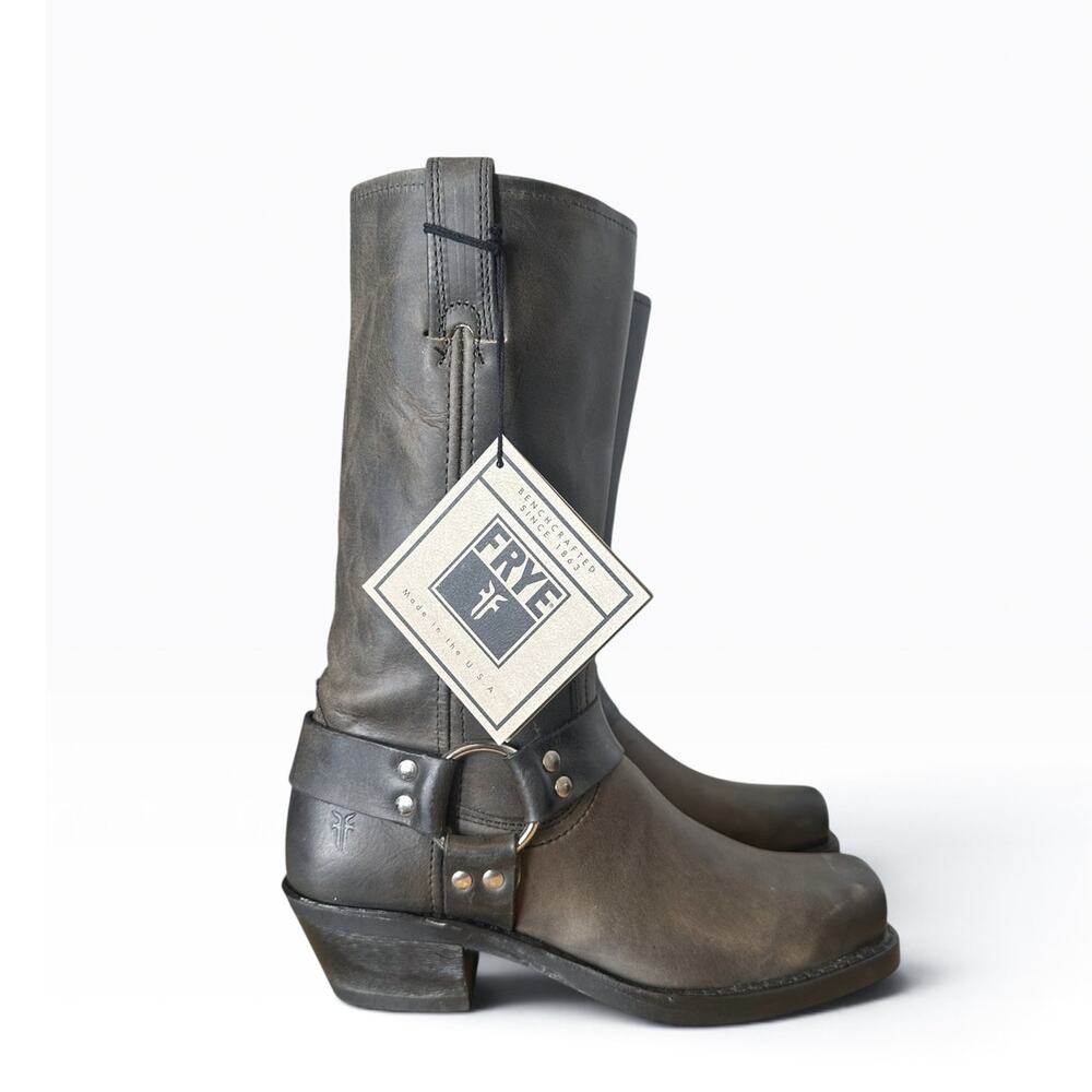Frye Vintage Smoke Black Leather Mid Calf Harness Boots 7.5